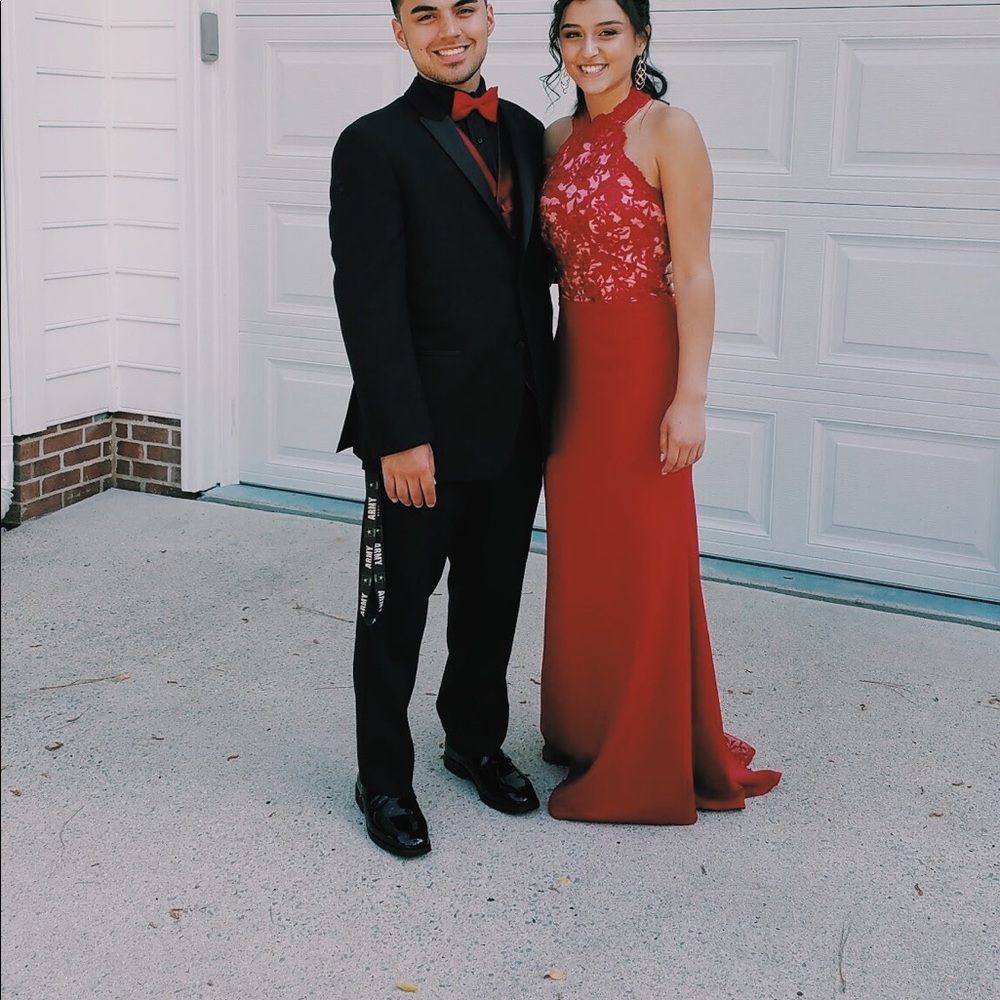 Red halter top fitted Prom Dress
